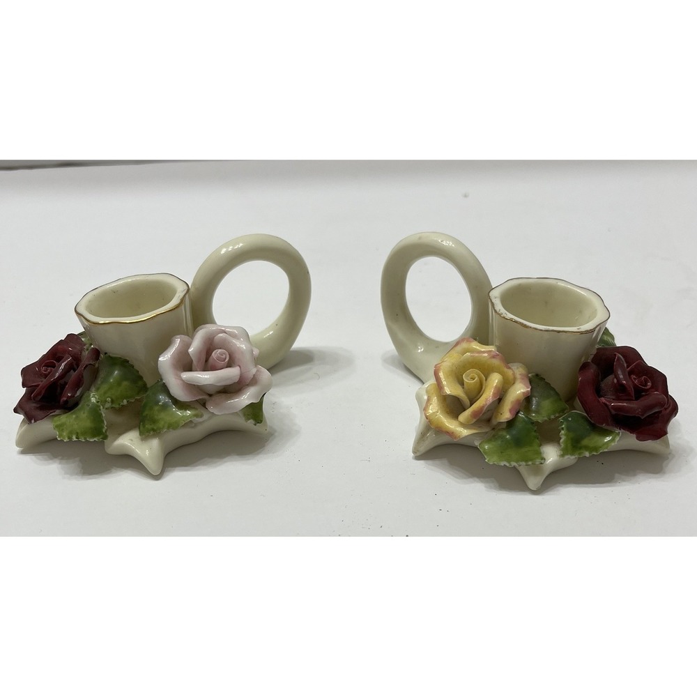Vintage Porcelain Taper Candle Holders Finger Loop White 3D Hand Painted Roses 2